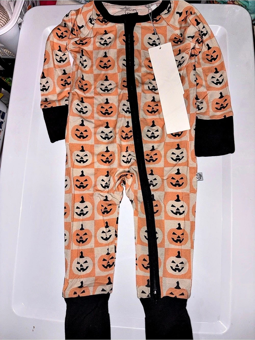 Kloudy Kids Pumpkin Print Footie Orange & Black Checkered Baby 3-6 Months NWT